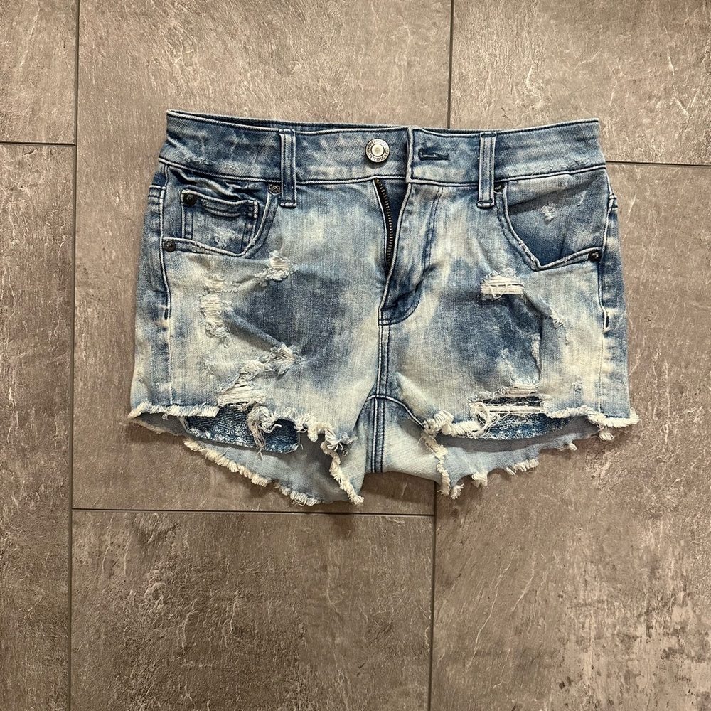 American Eagle Hi-Rise Shortie Jean Shorts distressed Size 0 EUC